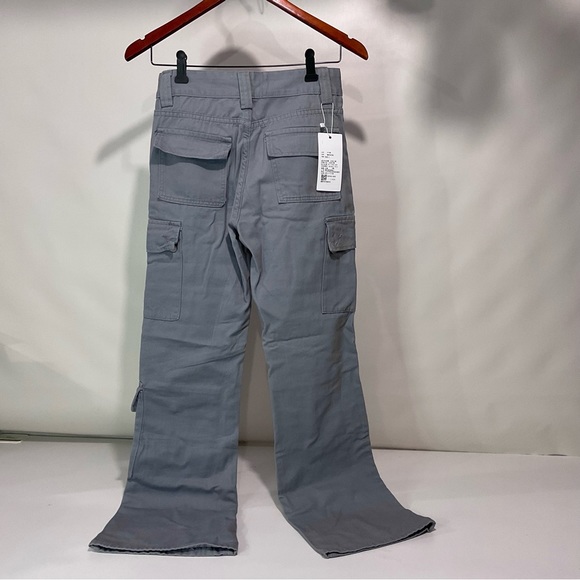 (100% Cotton) Grey Flare Bottom Cargo Pants - Picture 3 of 5